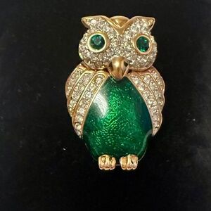 Swarovski - Owl Brooch Pin - Green Enamel/Crystals - SAL signed on back- Vintage